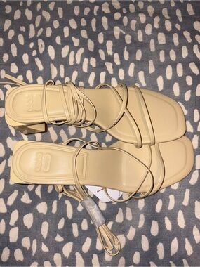 ASOS Nude Beige Strappy Block Heel Sandals with Wrap Ties